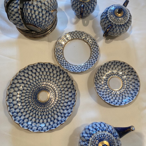Lomonosov Imperial Porcelain Cobalt Net tea set 21 pc - Picture 1 of 11
